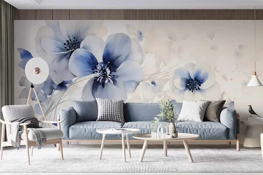 Fototapete Zarte aquarellartige blaue und weiße Blumen mit weichen Blütenblättern und verschwommenem Hintergrund w08610