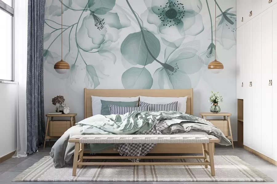 Fototapete Zarte, gedämpfte, türkisfarbene, durchscheinende Blumen mit weichen Blütenblättern und dunkler Mitte vor hellem Hintergrund w08613v1