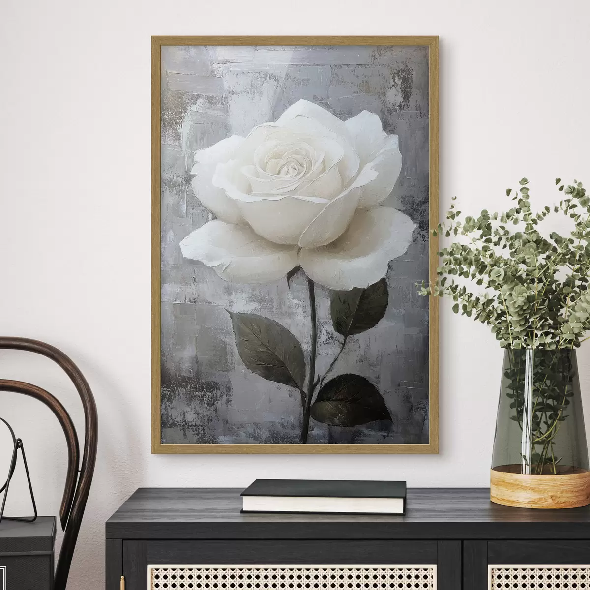 Poster Weiße Rose Hand auf Beton Hintergrund gezeichnet f42185