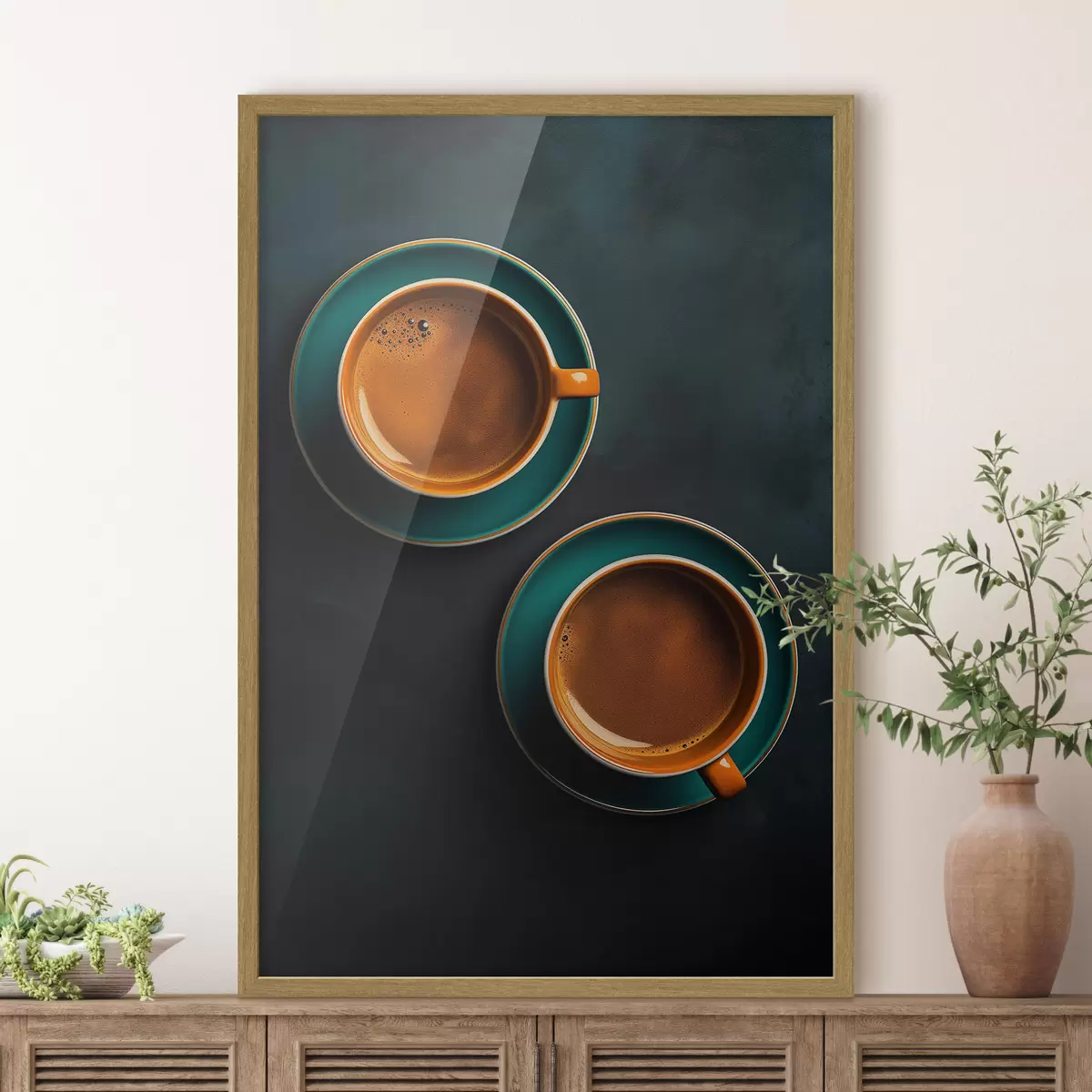 Poster Zwei Tassen Kaffee auf dunklem Hintergrund f42190