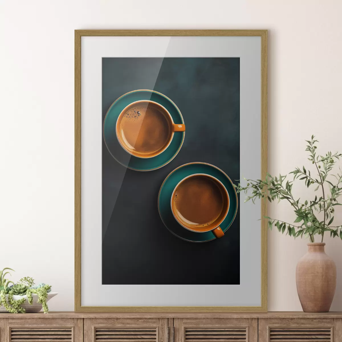 Poster Zwei Tassen Kaffee auf dunklem Hintergrund f42190
