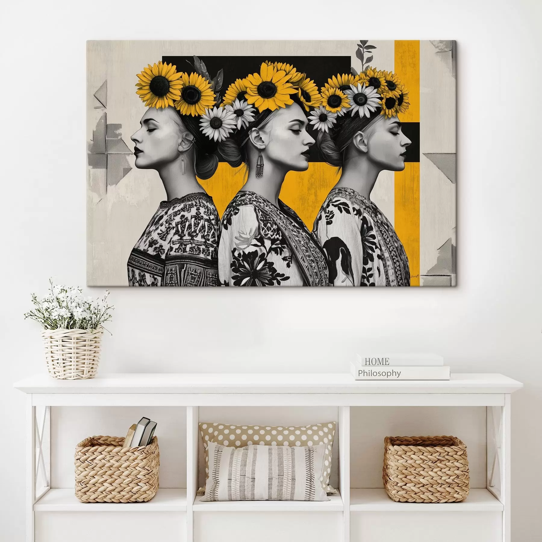 Fototapete Schöne Frauen in ethnischer Kleidung mit Sonnenblumenschlüsseln s42378