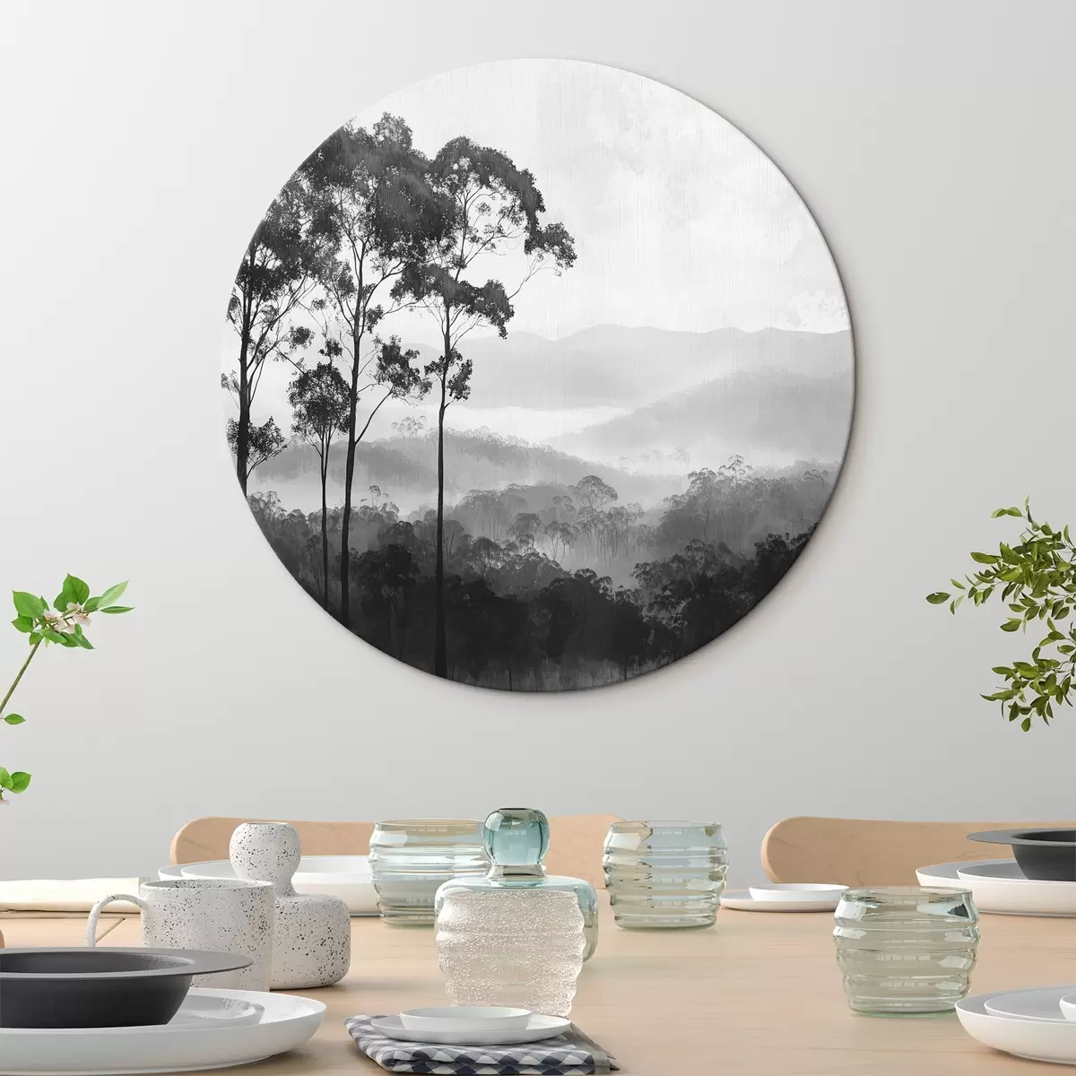 Runde Wandbilder Mystischer Wald in den Grautönen, Naturlandschaft, Bäume r42373