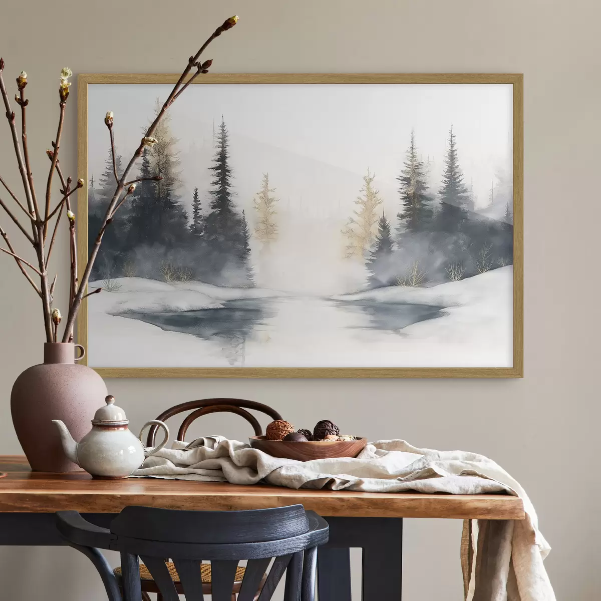 Poster Winterlandschaft mit Fluss und Kiefern, Natur, Wald, Nebel f42374