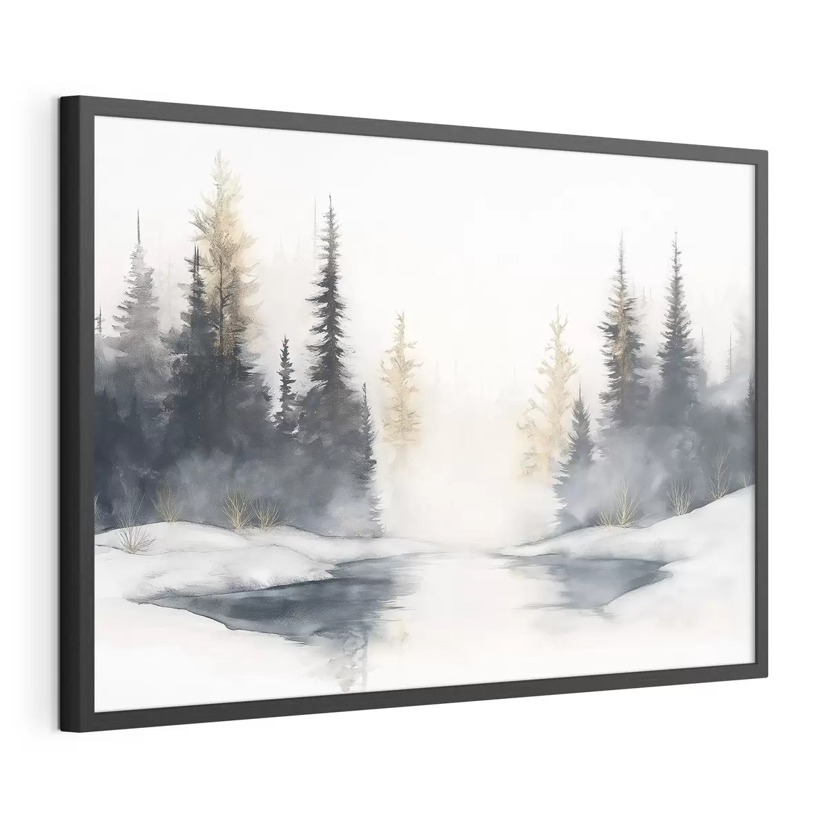 Poster Winterlandschaft mit Fluss und Kiefern, Natur, Wald, Nebel f42374