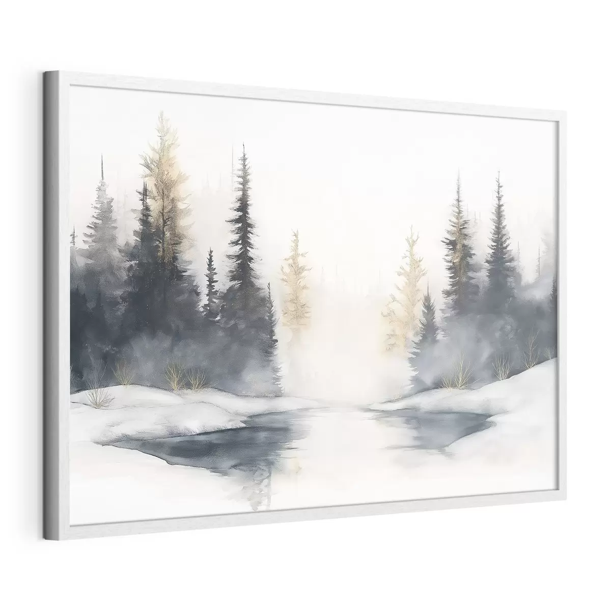 Poster Winterlandschaft mit Fluss und Kiefern, Natur, Wald, Nebel f42374