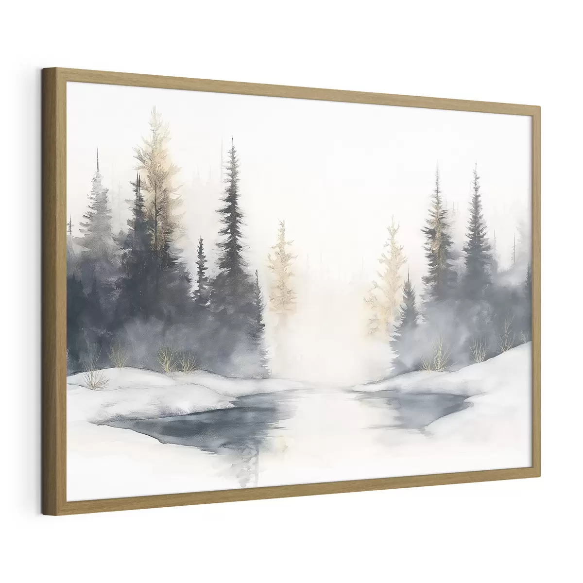 Poster Winterlandschaft mit Fluss und Kiefern, Natur, Wald, Nebel f42374
