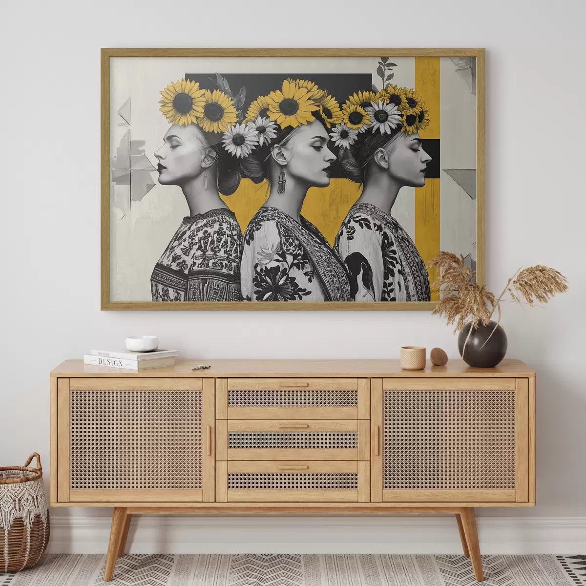 Poster Schöne Frauen in ethnischer Kleidung mit Sonnenblumenschlüsseln f42378