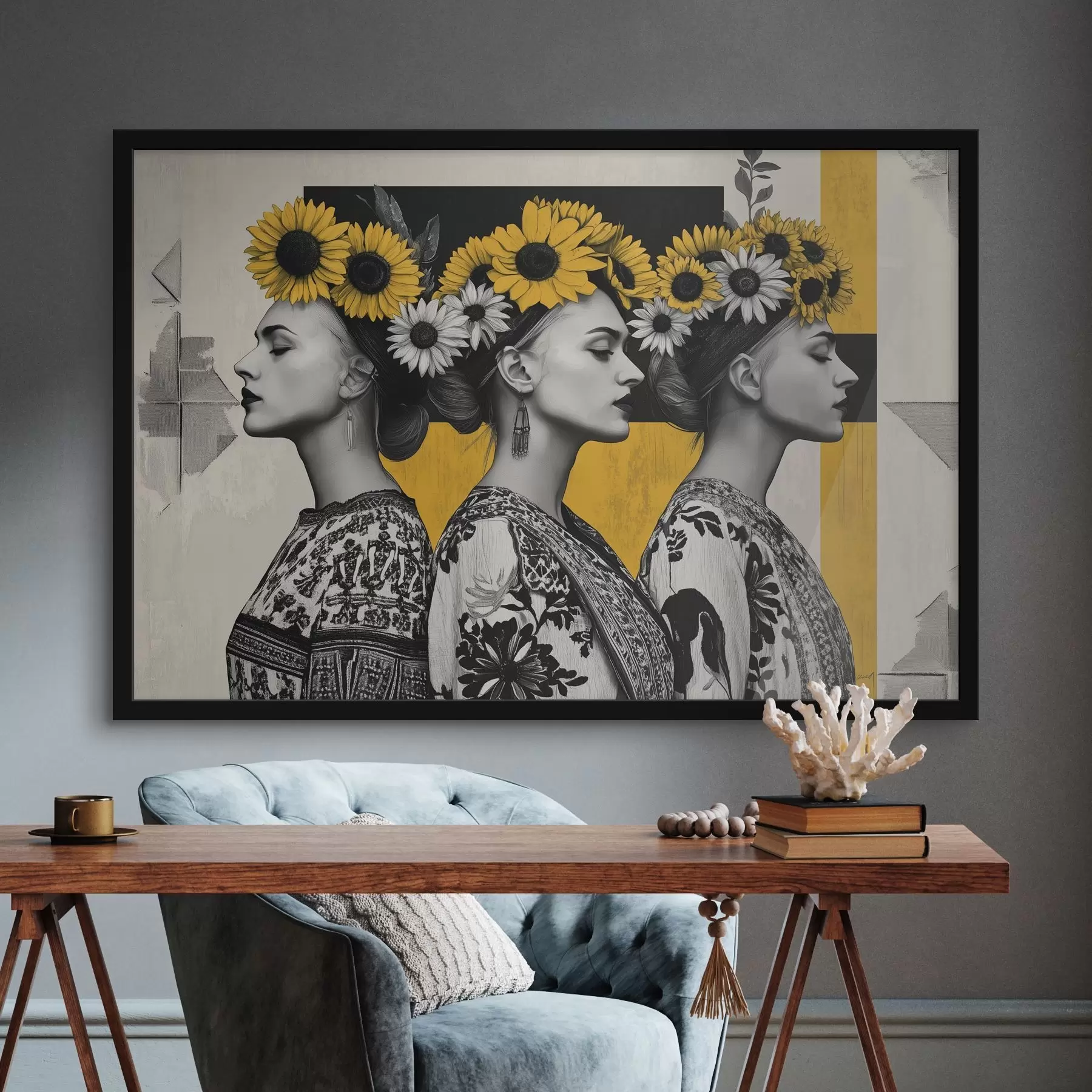 Fototapete Schöne Frauen in ethnischer Kleidung mit Sonnenblumenschlüsseln f42378