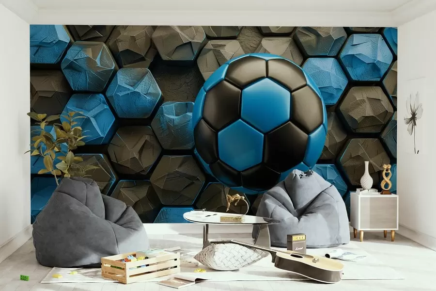 Fototapete Großer Fußball und schwarze und blaue Waben w08617
