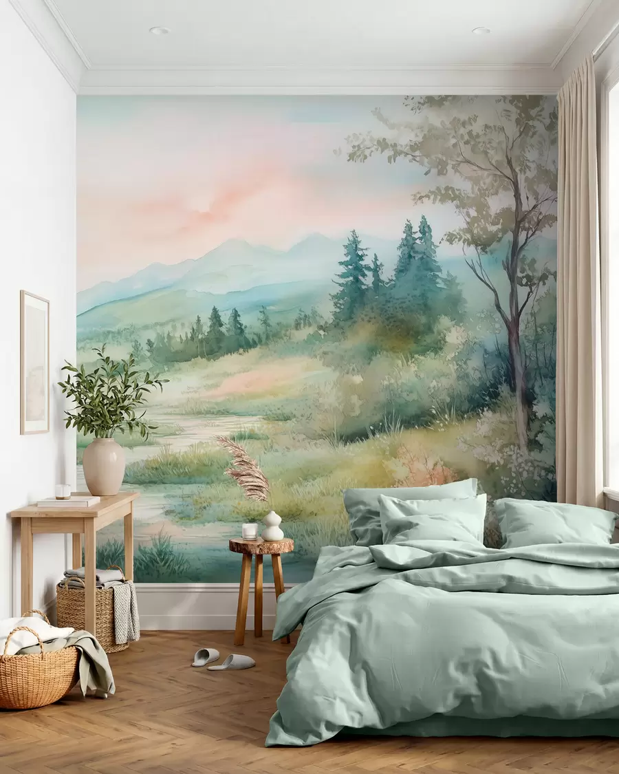 Fototapete aquarelllandschaft mit einem Weg und Bergen w02764