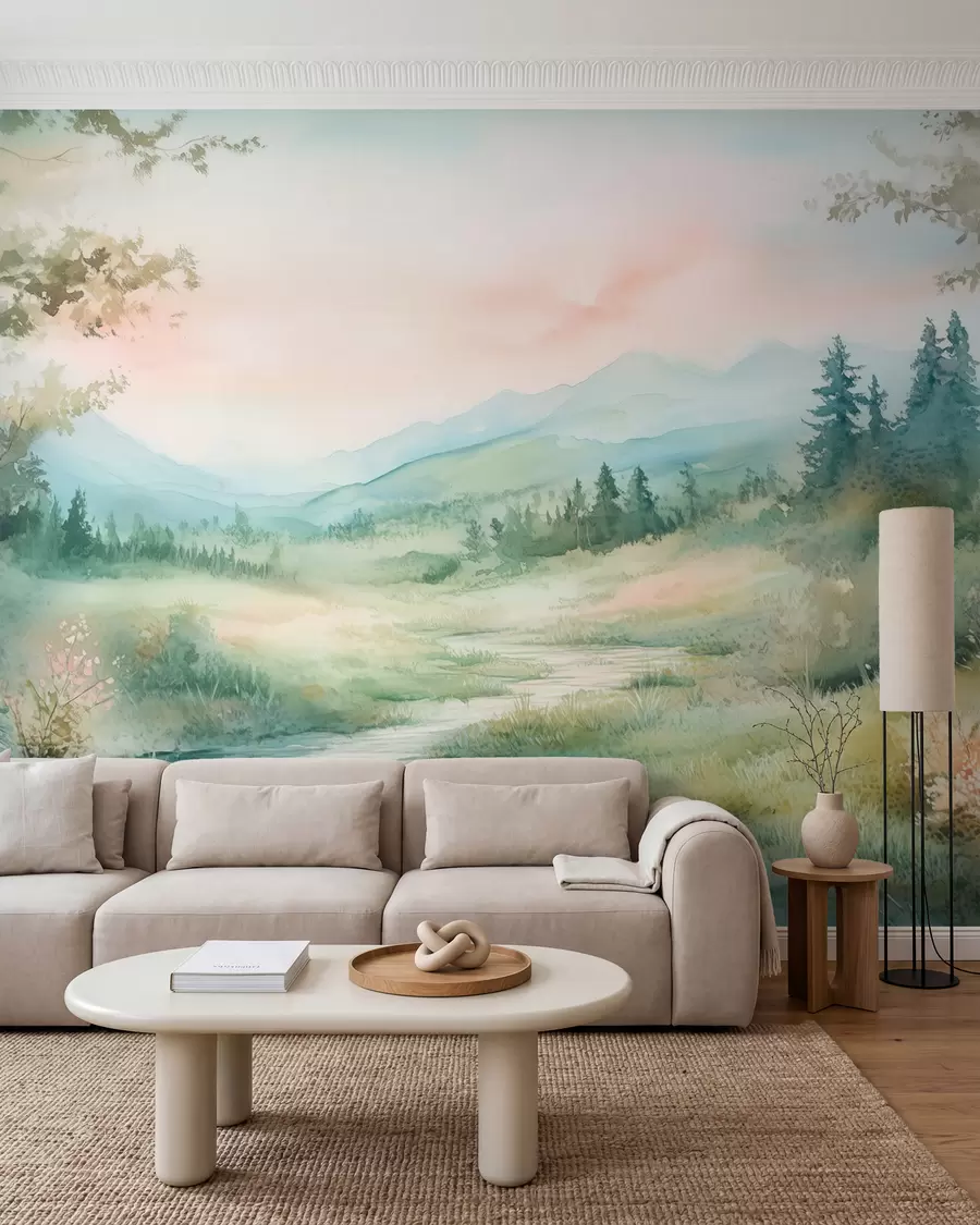 Fototapete aquarelllandschaft mit einem Weg und Bergen w02764