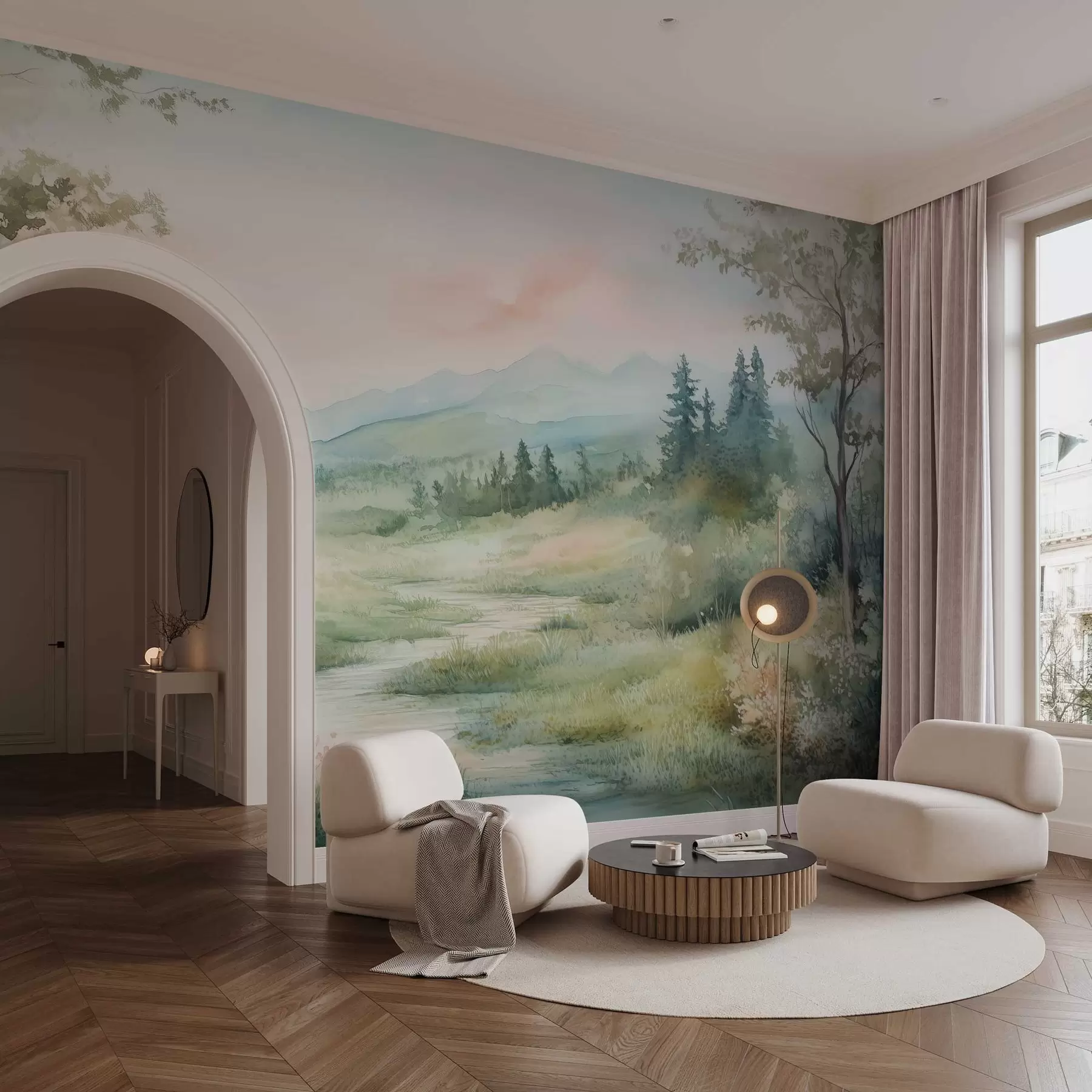 Fototapete aquarelllandschaft mit einem Weg und Bergen w02764