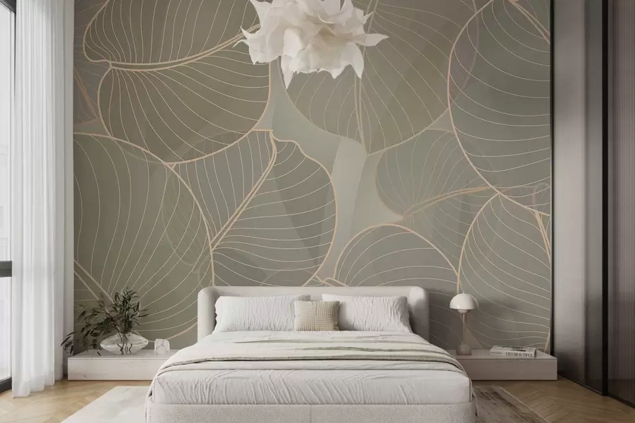 Fototapete lineares Laub der August-Lilie in Beigetönen w02768