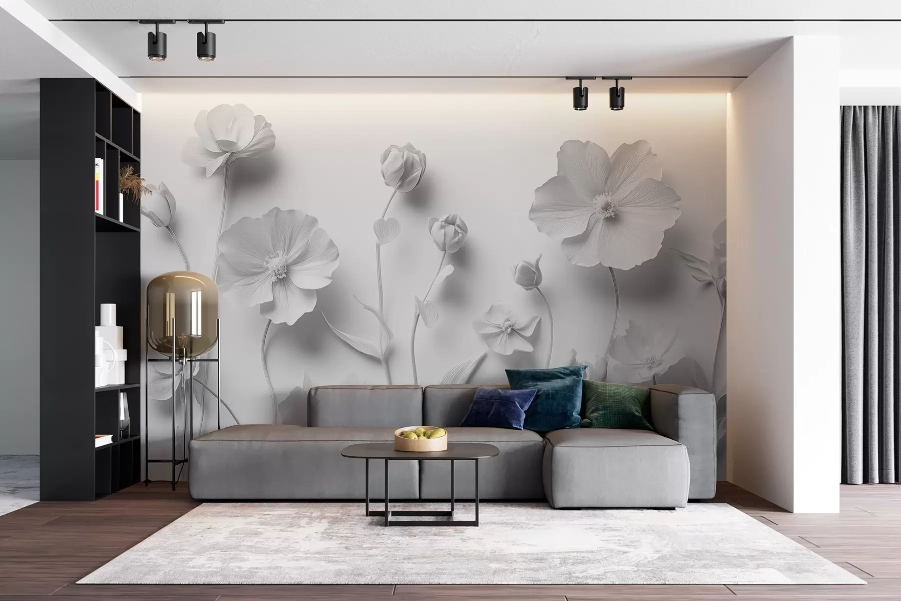 Fototapete Graue Wildblumen und Mohnblumen im Stuckstil w08630