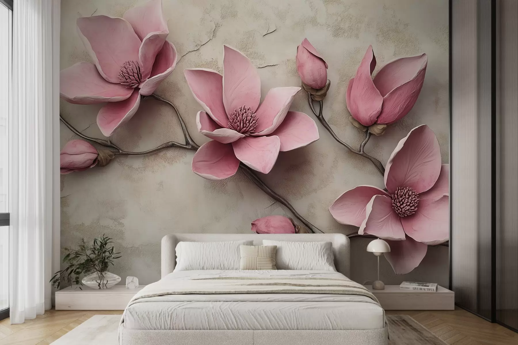 Fototapete Rosa Magnolien im Stuckstil w08635