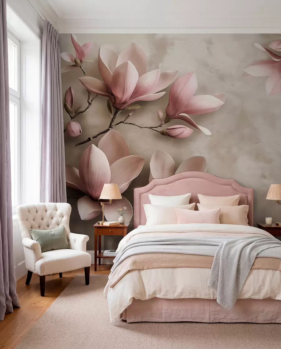 Fototapete Zartrosa Magnolien auf einer Betonwand in Sepiatönen w08636v2