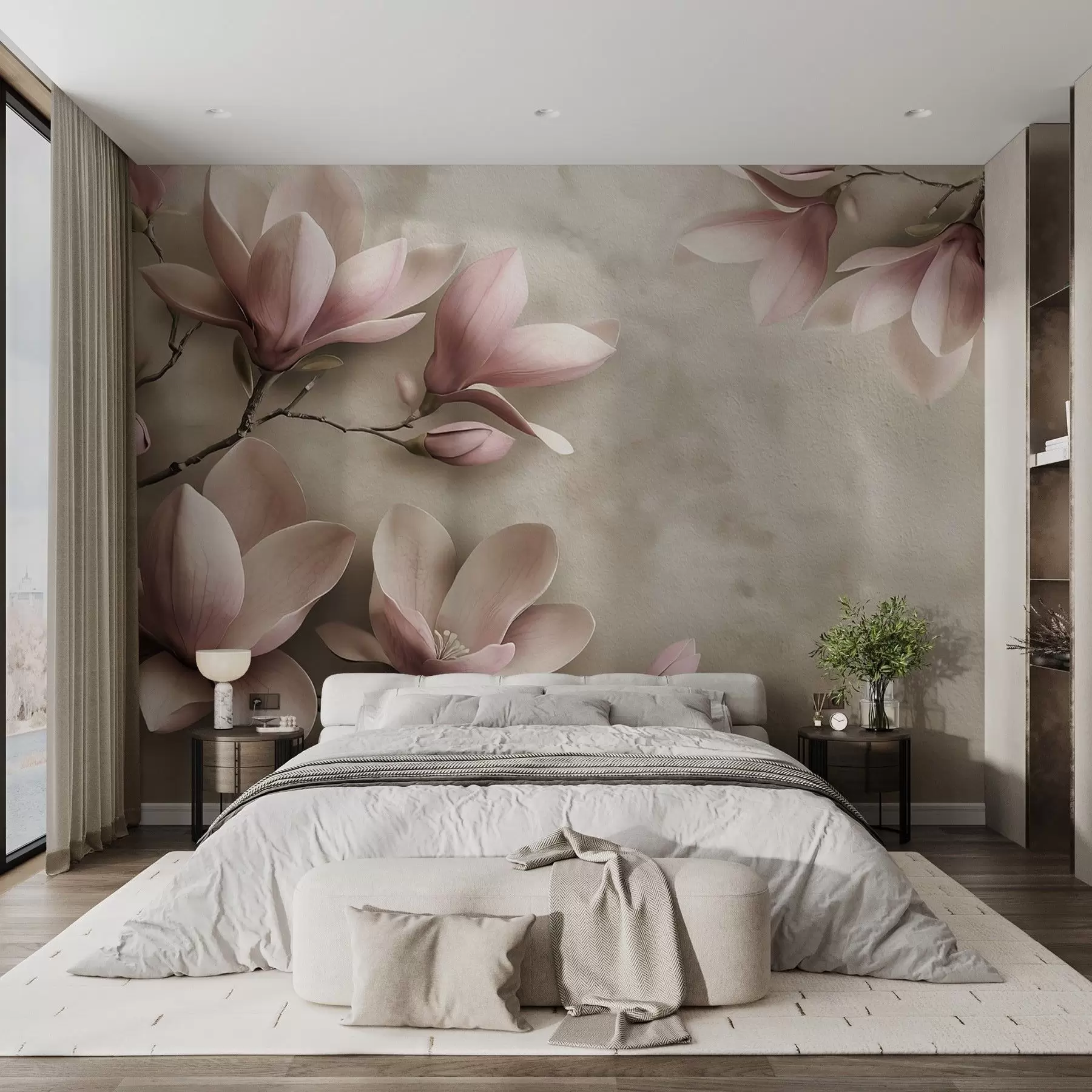 Fototapete Zartrosa Magnolien auf einer Betonwand in Sepiatönen w08636v2