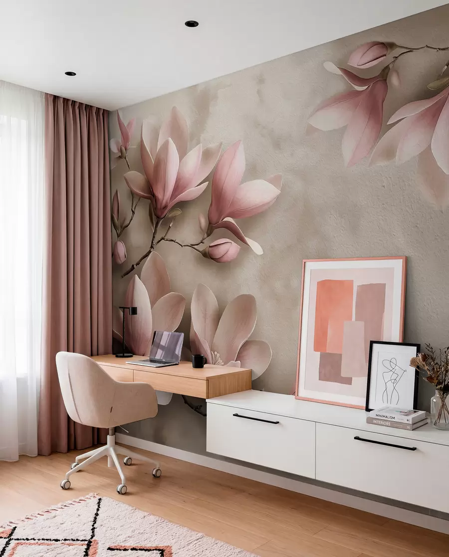 Fototapete Zartrosa Magnolien auf einer Betonwand in Sepiatönen w08636v2