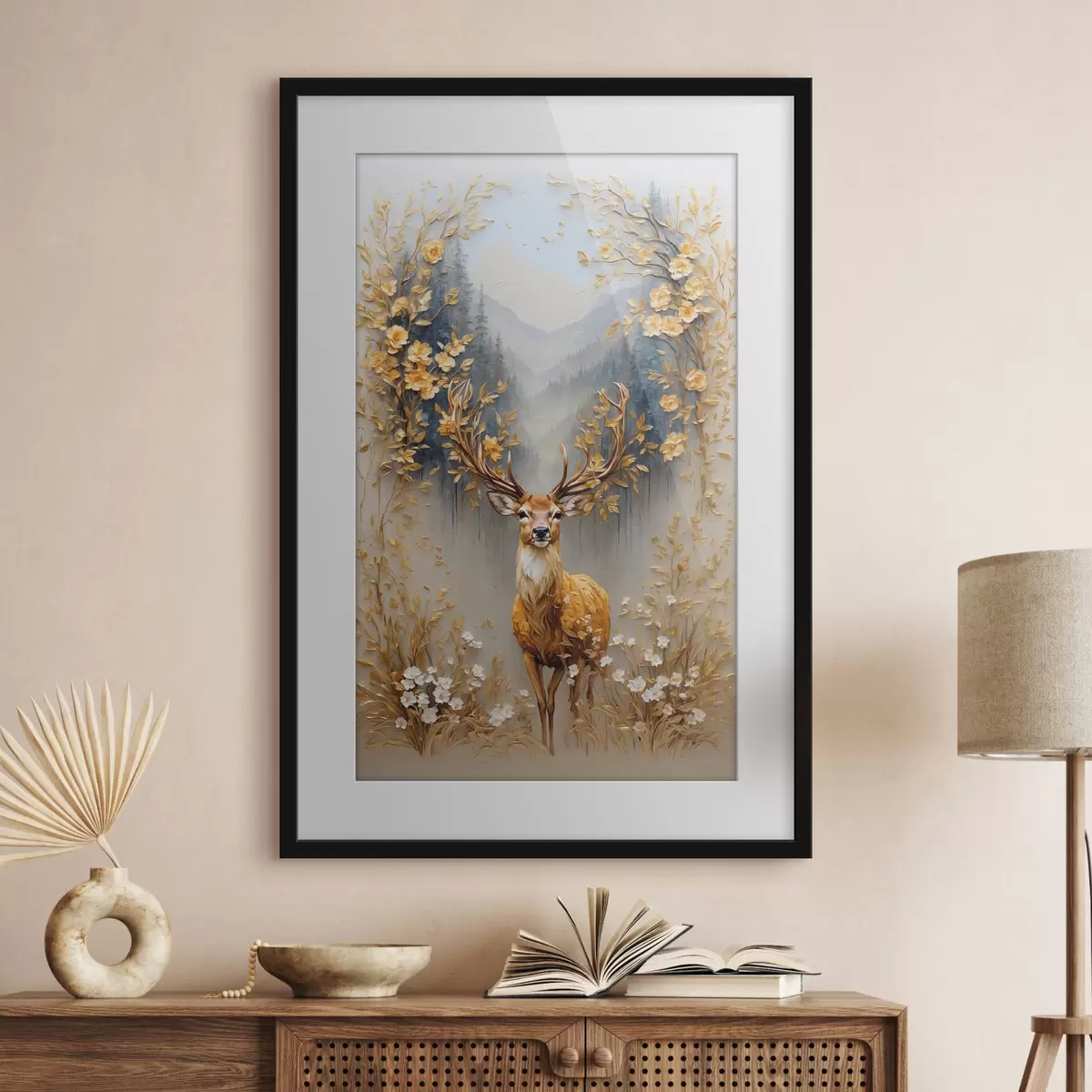Poster Hirsch mit großem Geweih auf Waldhintergrund f42252