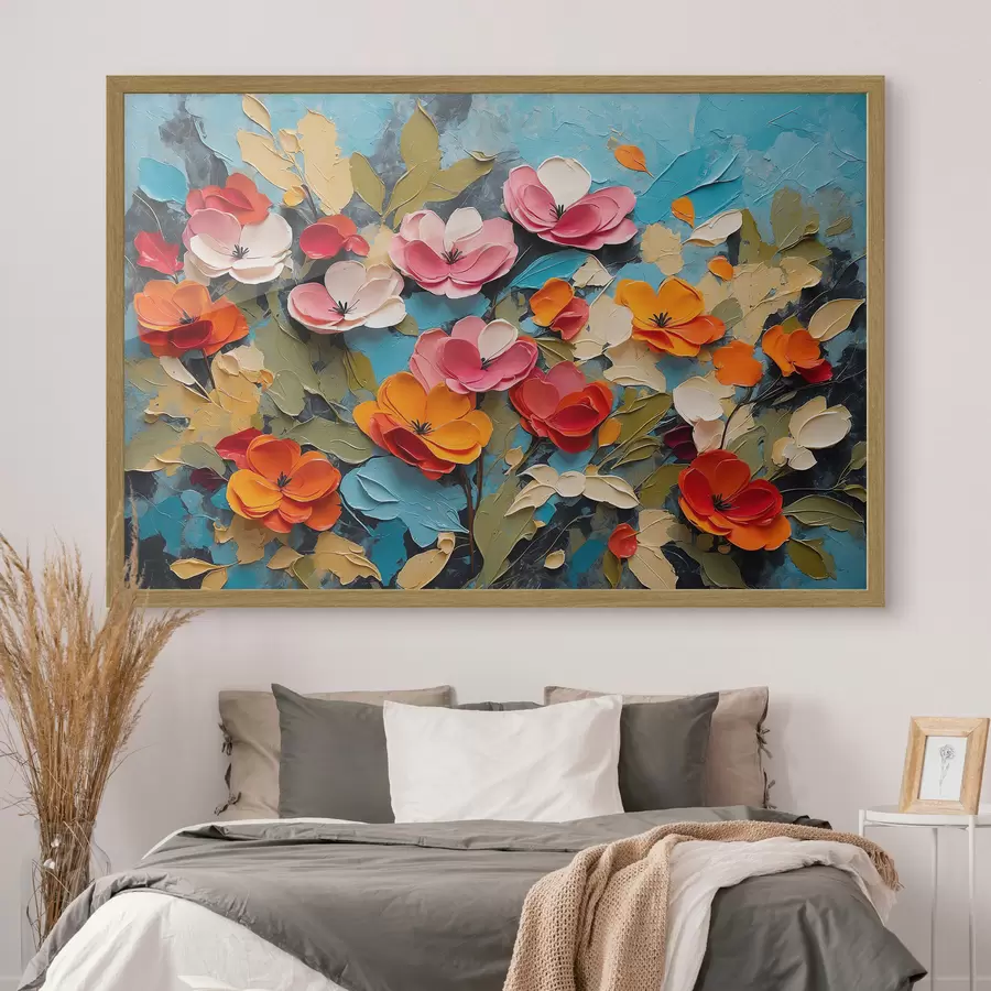 Fototapete Blumen und Blätter auf blauem Hintergrund f42255