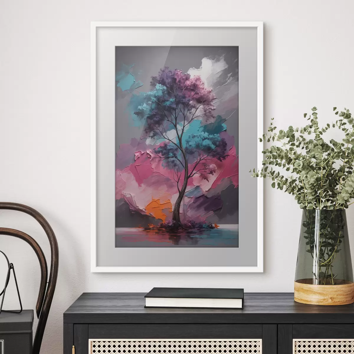 Poster Baum auf rosa-grauem Hintergrund f42262