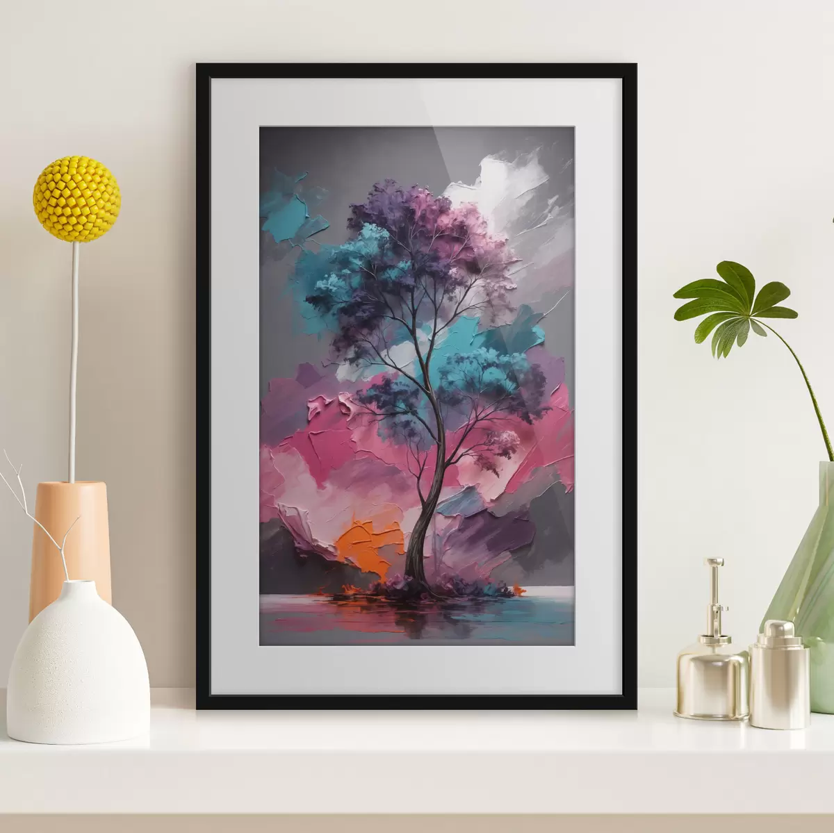 Poster Baum auf rosa-grauem Hintergrund f42262