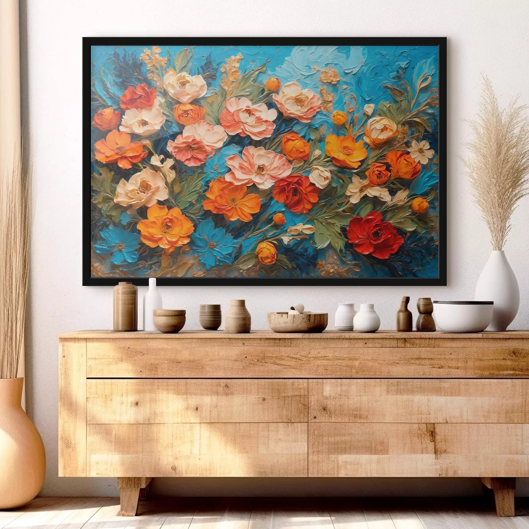 Fototapete Verschiedene Blumen auf abstraktem blauem Hintergrund im Stil der Ölmalerei f42269