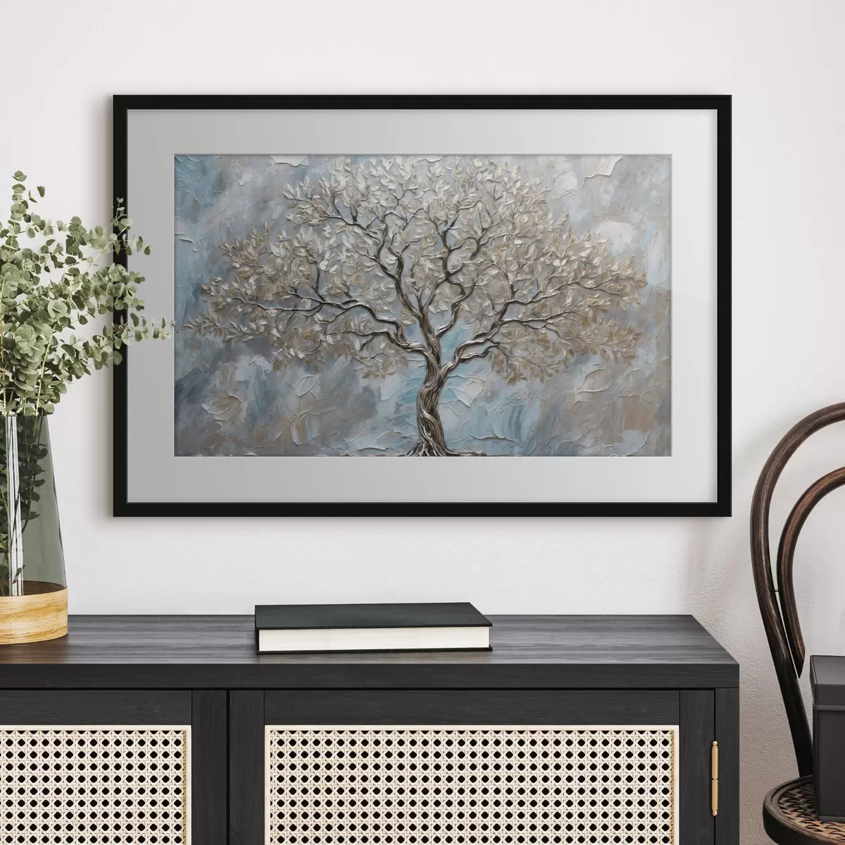 Poster Silberner Baum auf blau-grauem Hintergrund f42273