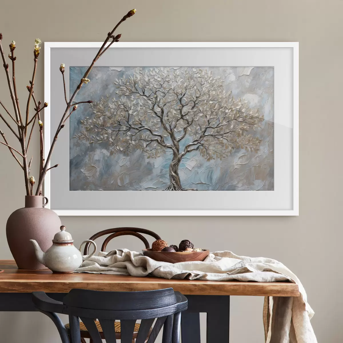 Poster Silberner Baum auf blau-grauem Hintergrund f42273