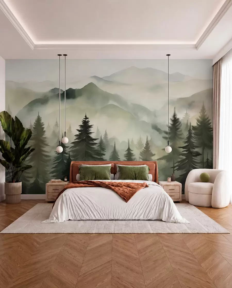 Fototapete Berglandschaft mit einem Wald von Kiefern und geschichteten Berge während der Morgendämmerung mit leichten Nebel Aquarell Nachahmung Kunst  w08639