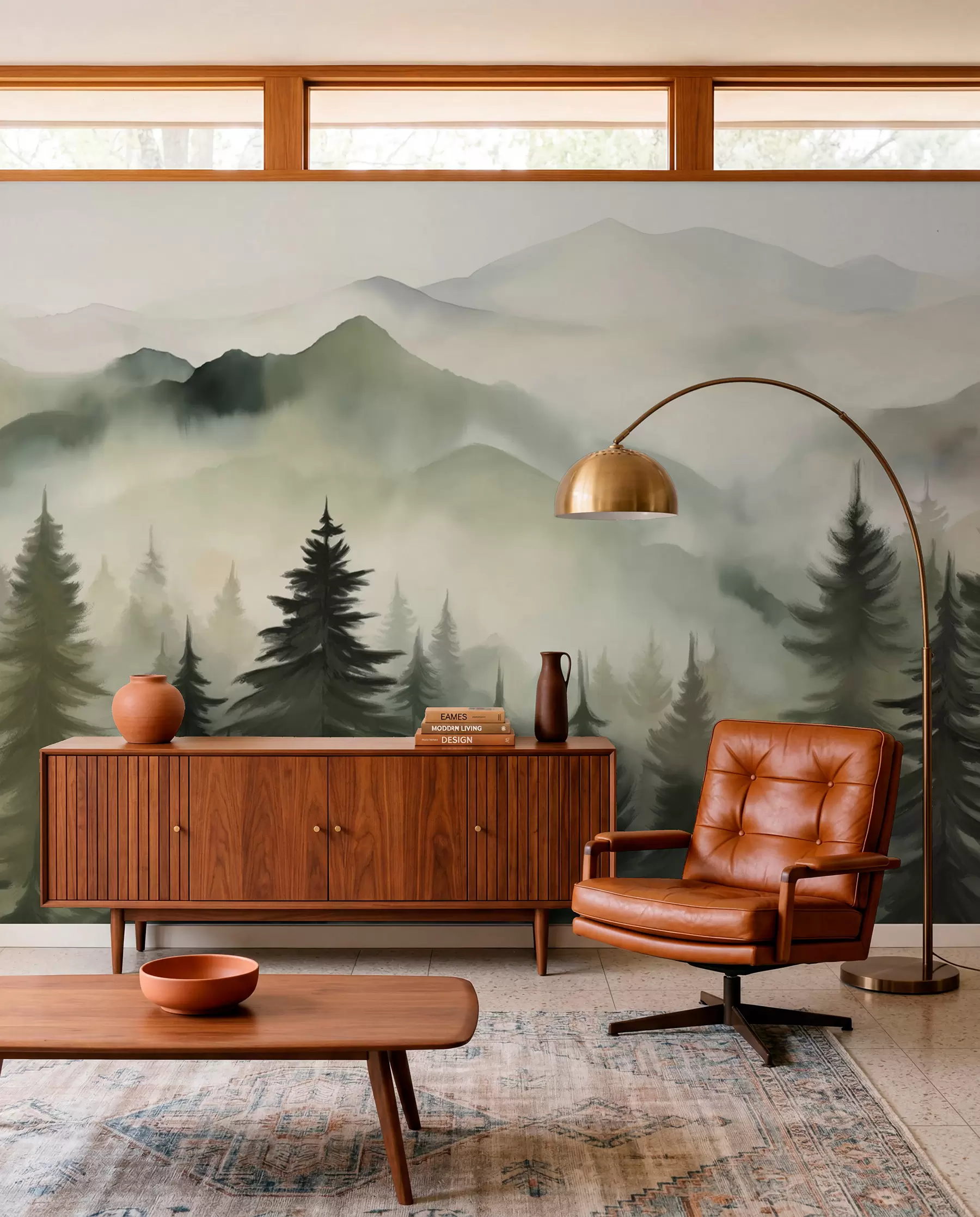 Fototapete Berglandschaft mit einem Wald von Kiefern und geschichteten Berge während der Morgendämmerung mit leichten Nebel Aquarell Nachahmung Kunst  w08639