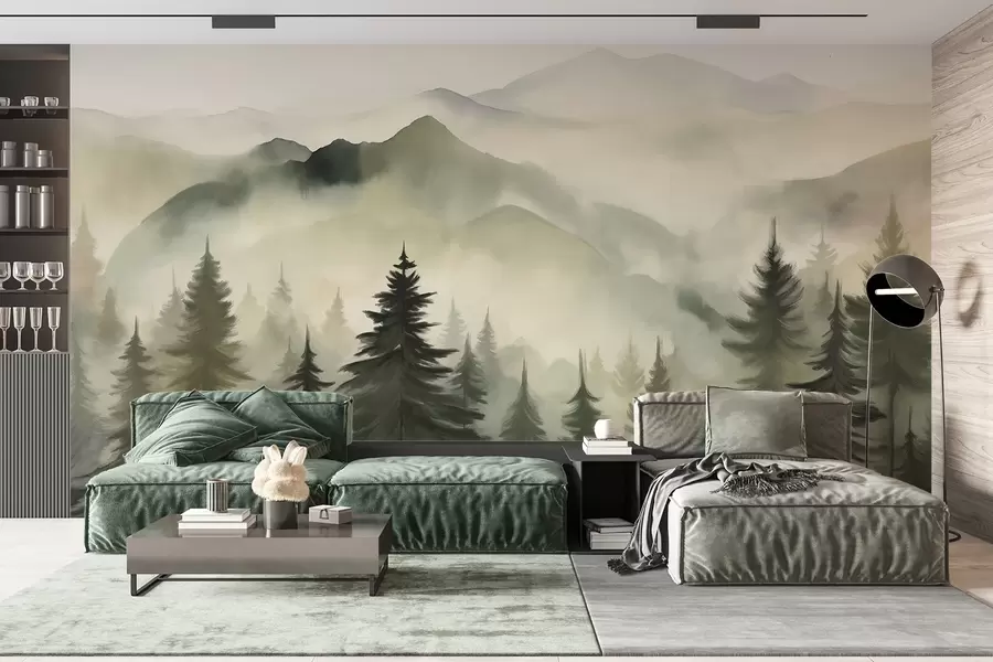 Fototapete Berglandschaft mit einem Wald von Kiefern und geschichteten Berge während der Morgendämmerung mit leichten Nebel Aquarell Nachahmung Kunst  w08639