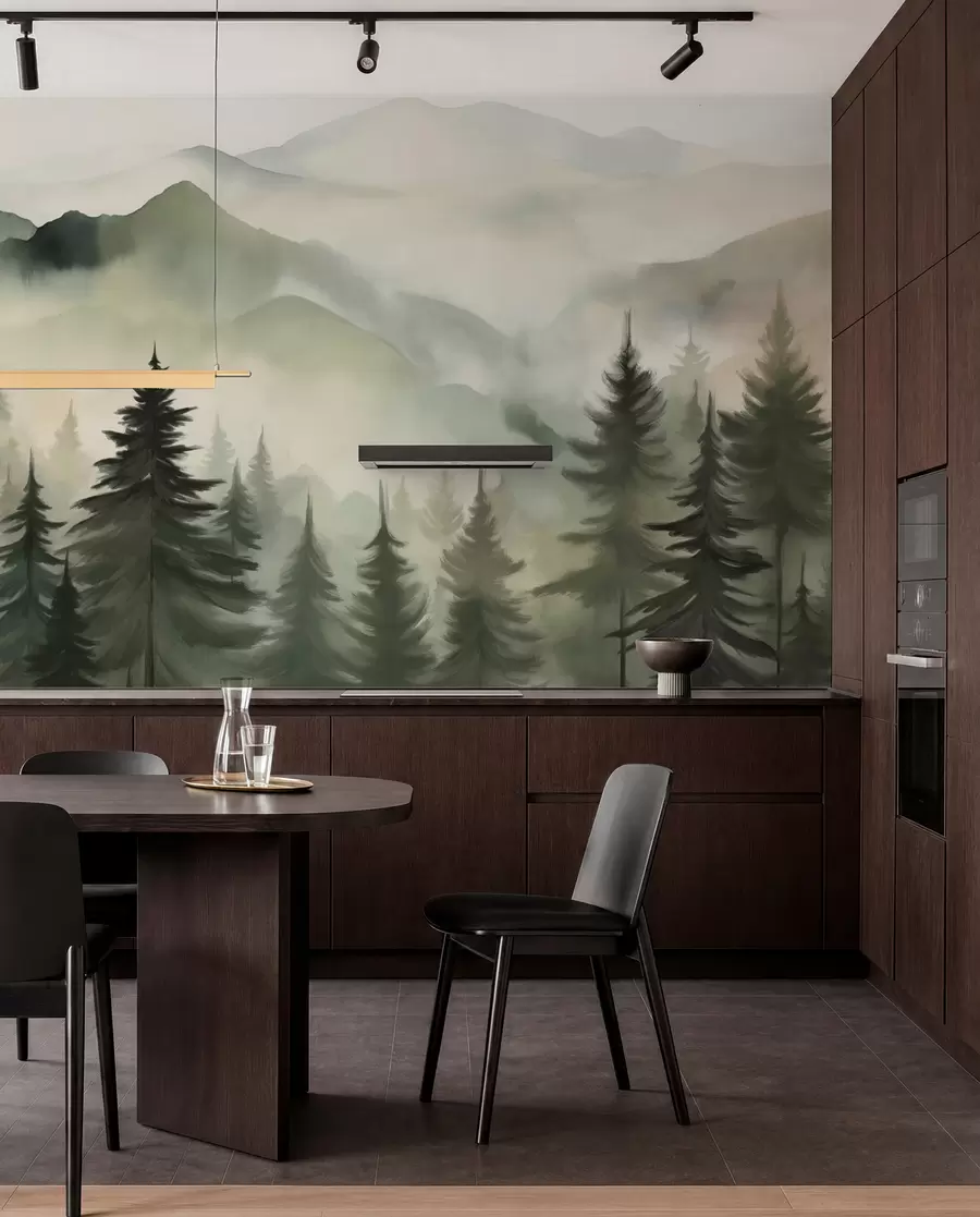 Fototapete Berglandschaft mit einem Wald von Kiefern und geschichteten Berge während der Morgendämmerung mit leichten Nebel Aquarell Nachahmung Kunst  w08639