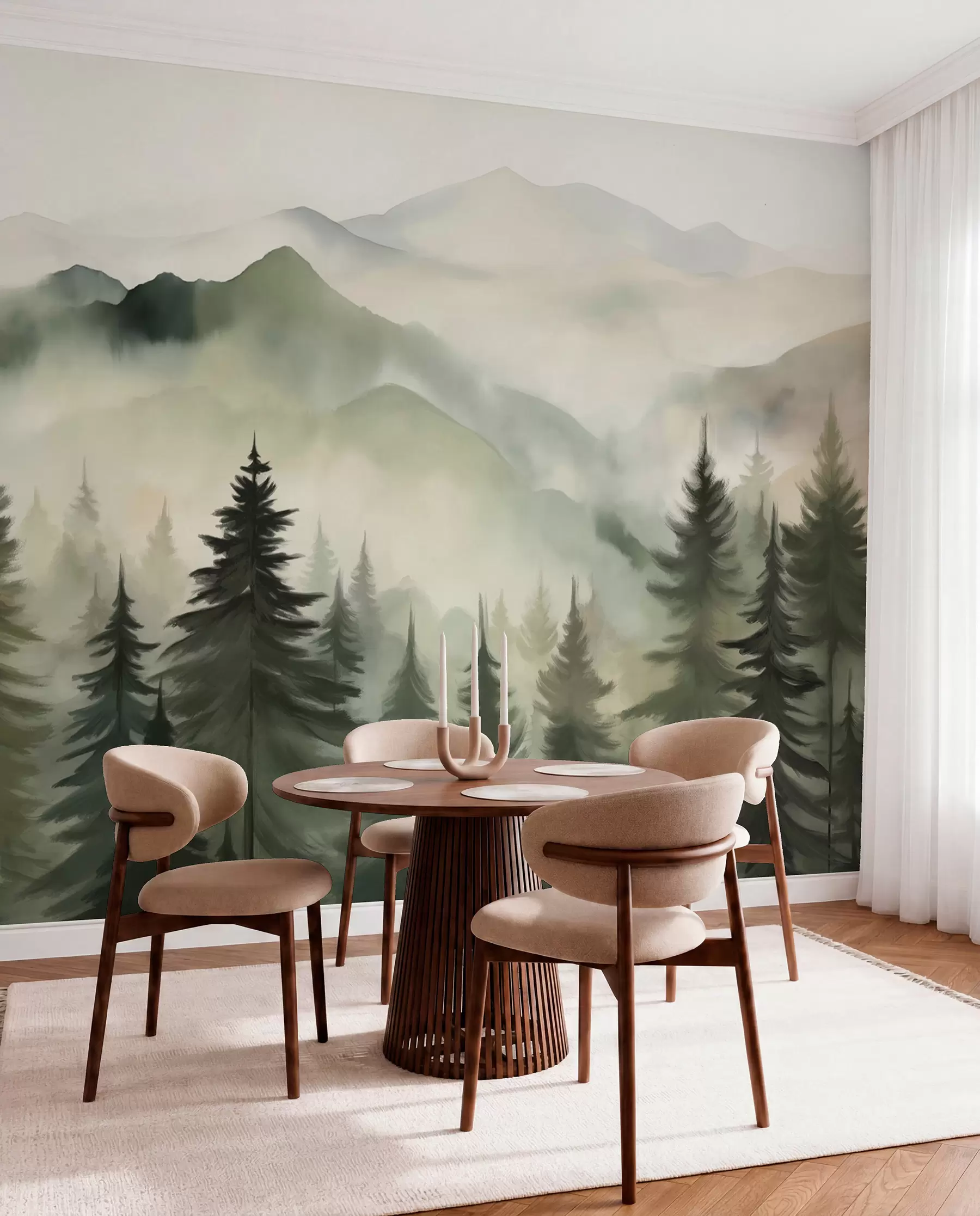 Fototapete Berglandschaft mit einem Wald von Kiefern und geschichteten Berge während der Morgendämmerung mit leichten Nebel Aquarell Nachahmung Kunst  w08639