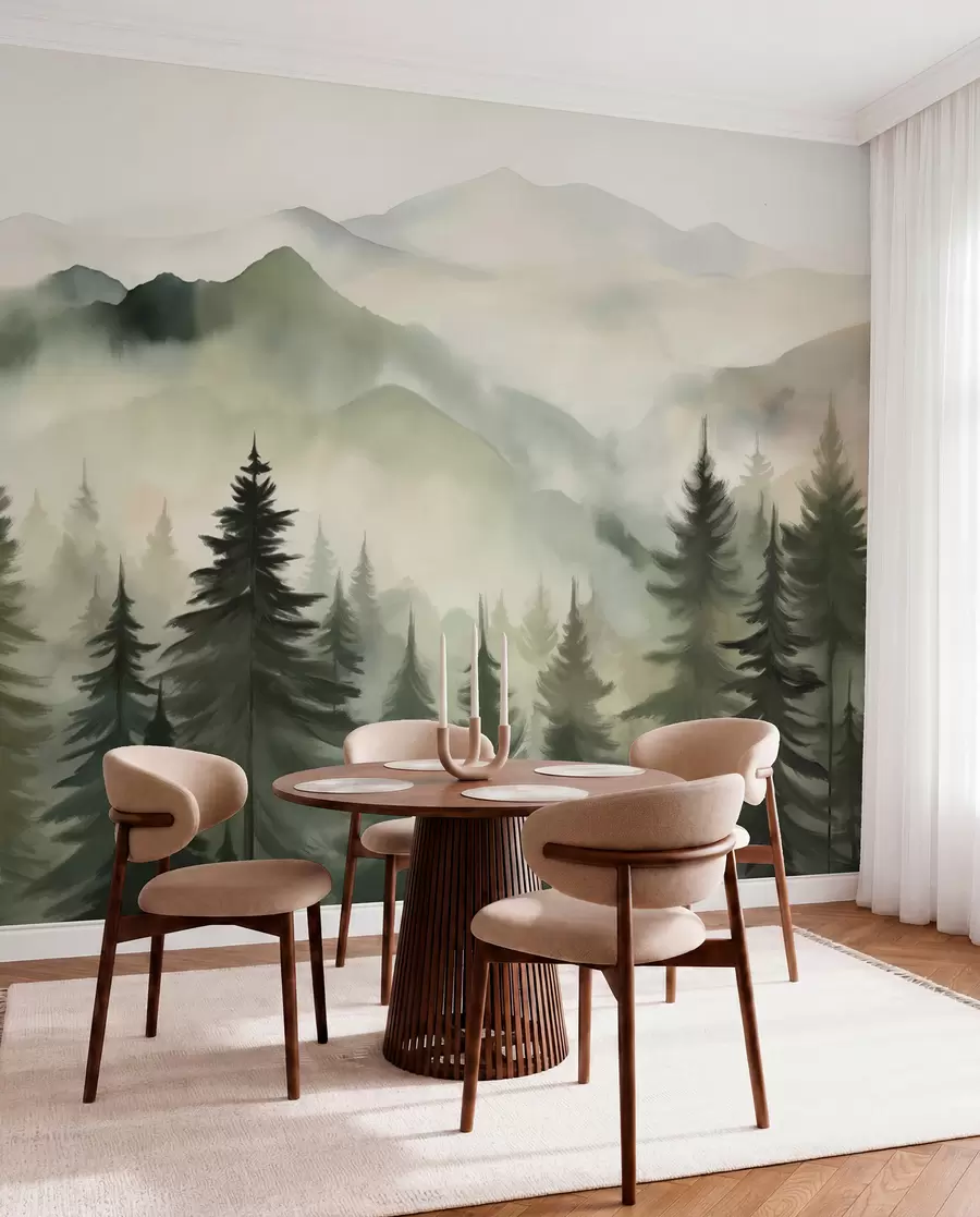 Fototapete Berglandschaft mit einem Wald von Kiefern und geschichteten Berge während der Morgendämmerung mit leichten Nebel Aquarell Nachahmung Kunst  w08639
