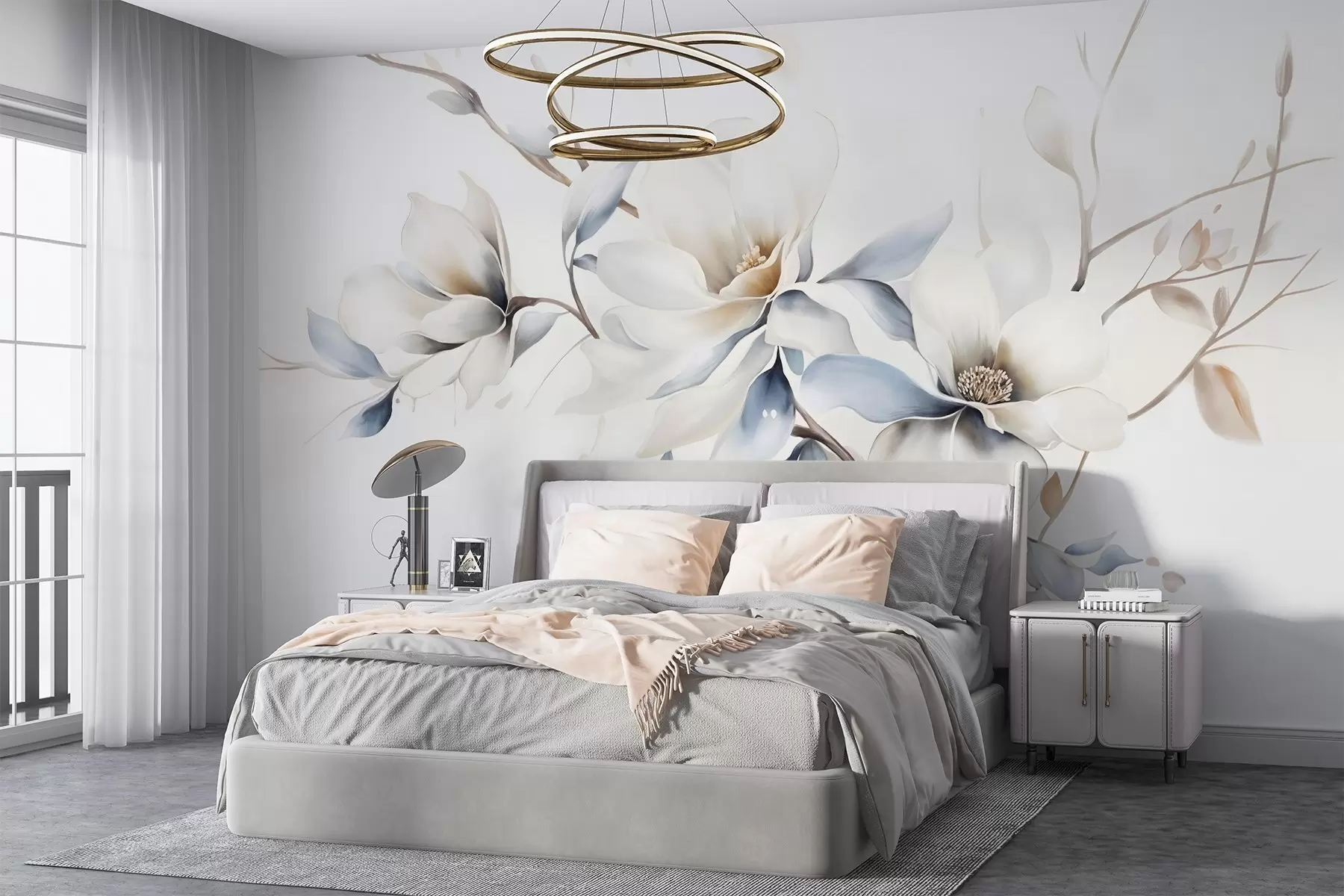 Fototapete Zarte weiße Magnolienblüten mit weichen blauen Blütenblättern vor einem hellen Hintergrund Aquarell Nachahmung Minimalismus  w08644