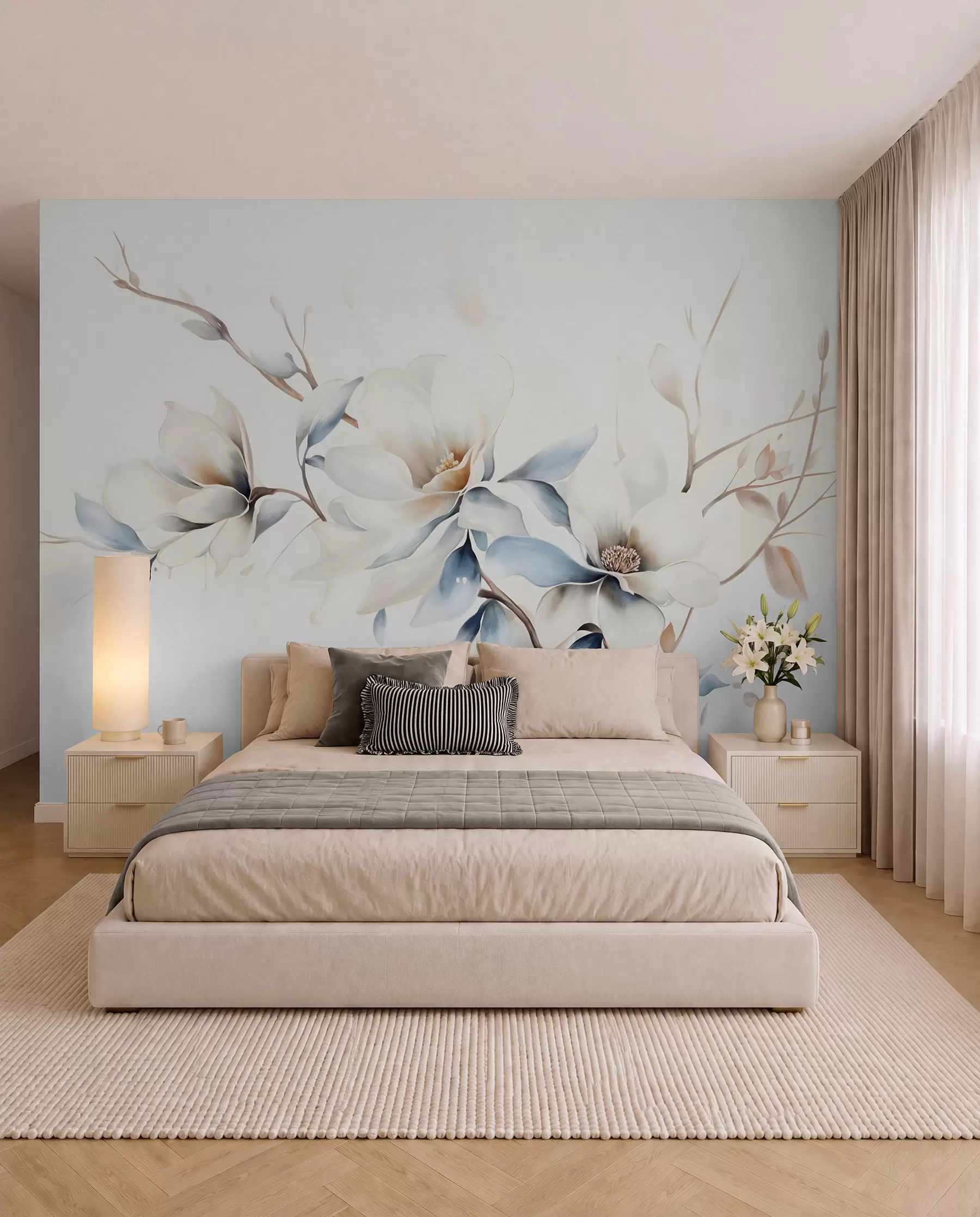 Fototapete Zarte weiße Magnolienblüten mit weichen blauen Blütenblättern vor einem hellen Hintergrund Aquarell Nachahmung Minimalismus  w08644