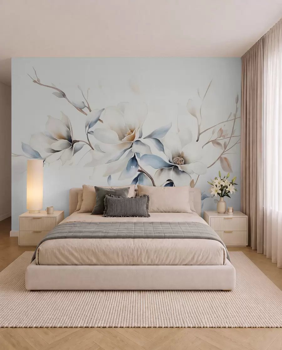 Fototapete Zarte weiße Magnolienblüten mit weichen blauen Blütenblättern vor einem hellen Hintergrund Aquarell Nachahmung Minimalismus  w08644