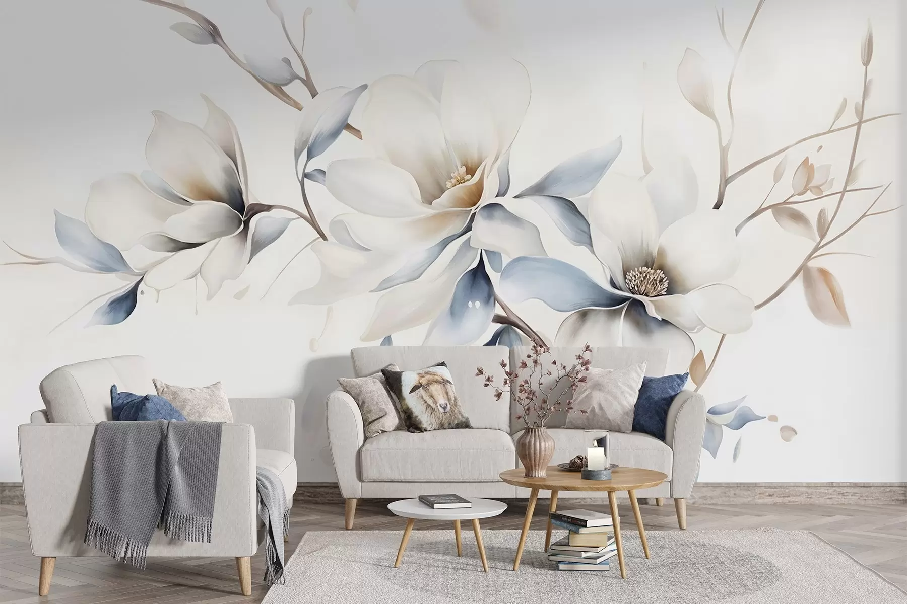 Fototapete Zarte weiße Magnolienblüten mit weichen blauen Blütenblättern vor einem hellen Hintergrund Aquarell Nachahmung Minimalismus  w08644