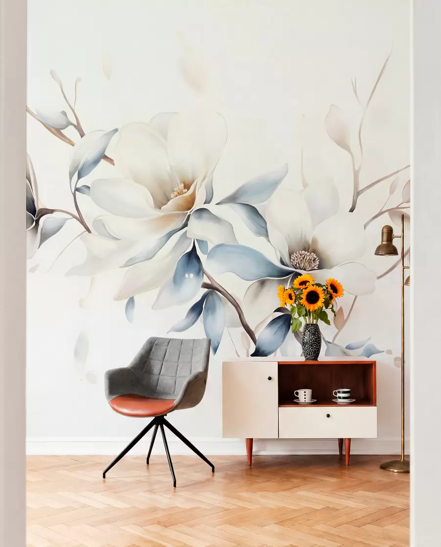 Fototapete Zarte weiße Magnolienblüten mit weichen blauen Blütenblättern vor einem hellen Hintergrund Aquarell Nachahmung Minimalismus  w08644