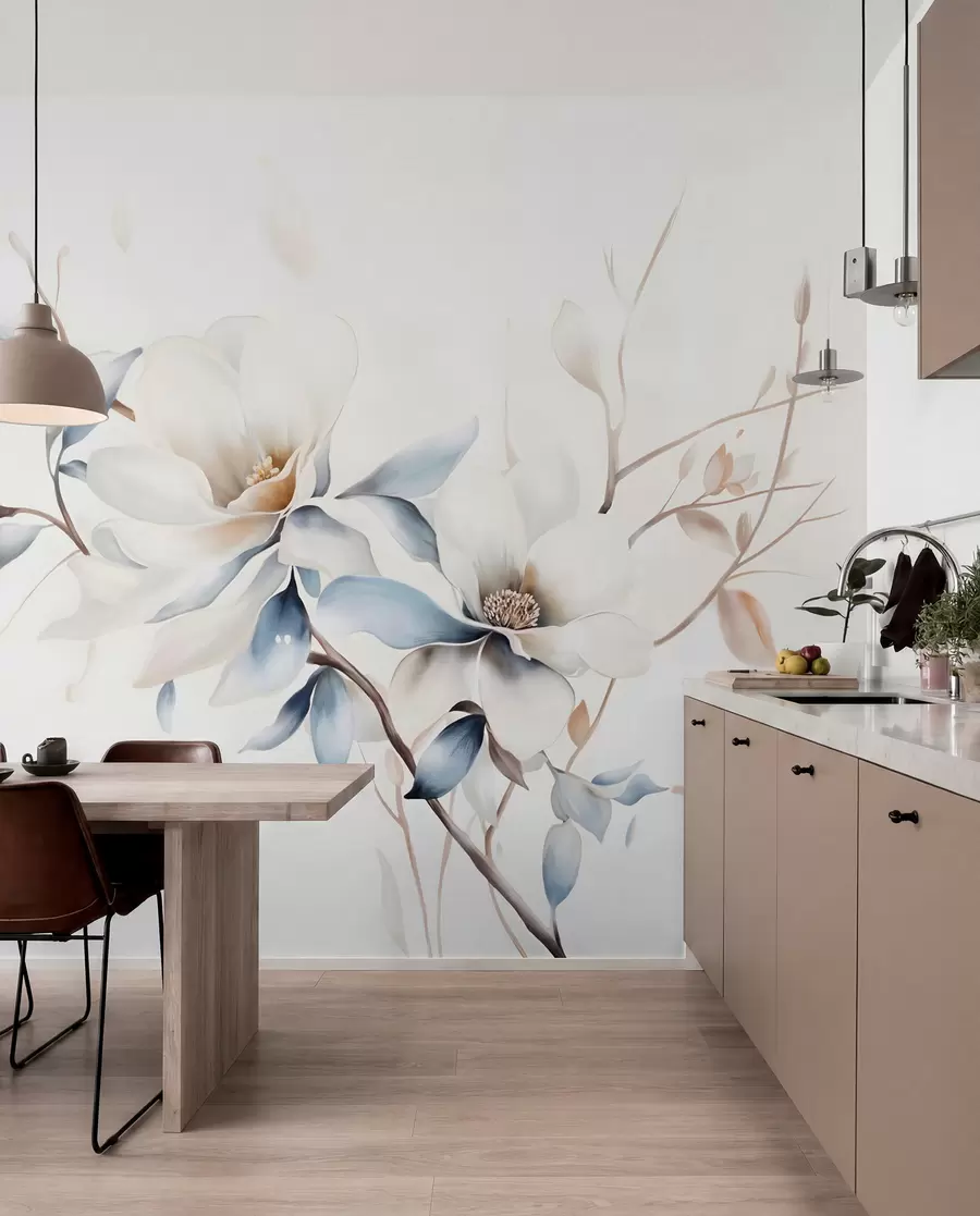 Fototapete Zarte weiße Magnolienblüten mit weichen blauen Blütenblättern vor einem hellen Hintergrund Aquarell Nachahmung Minimalismus  w08644