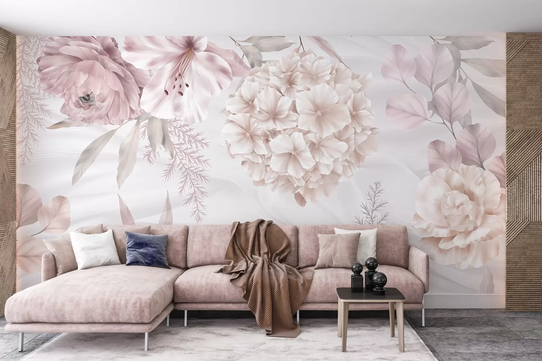 Fototapete Ein weicher, abstrakter Blumendruck mit großen rosa und weißen Blüten, zarten Blättern und einer gedämpften, pastellfarbenen Farbpalette w08651