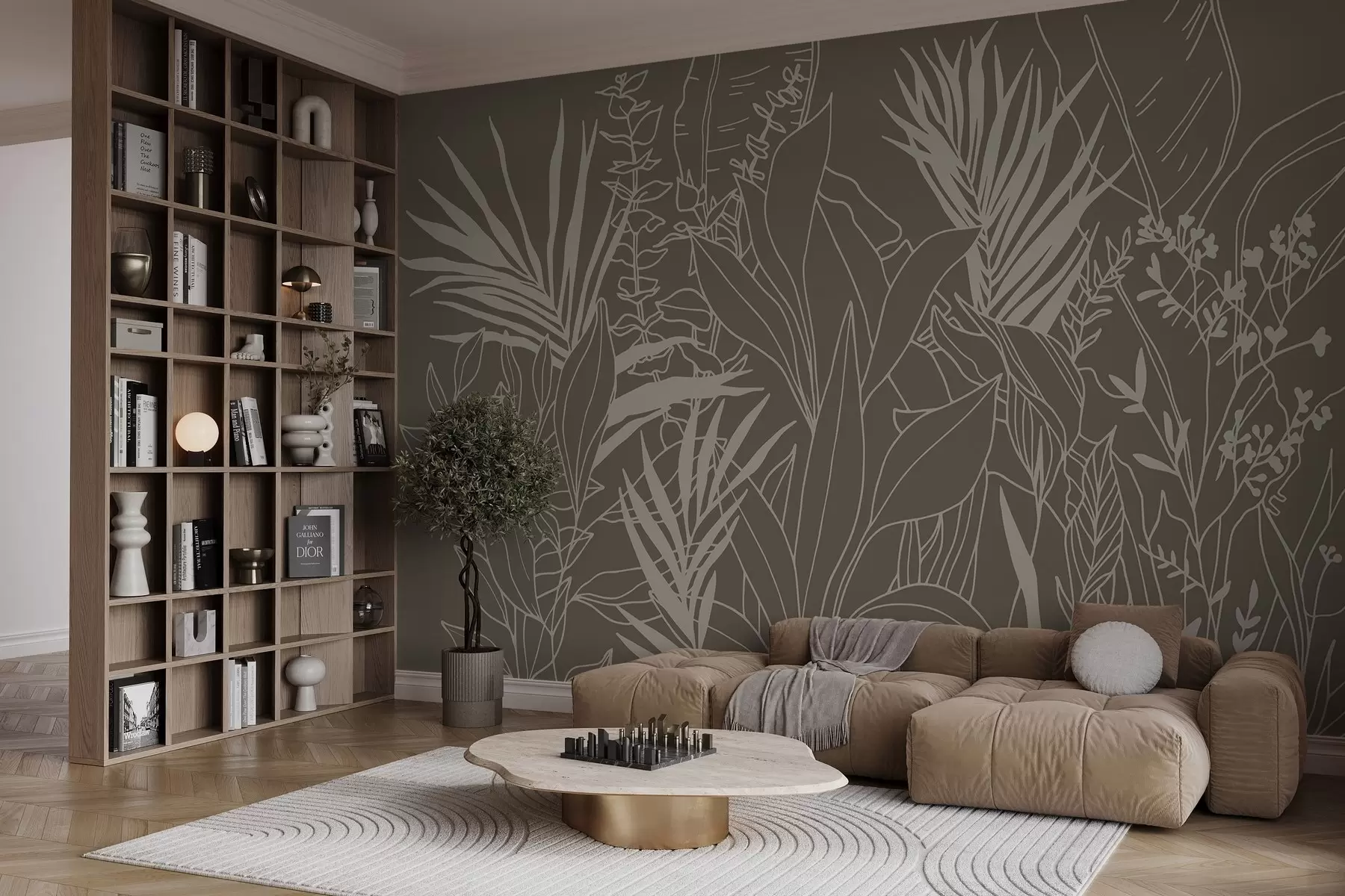 Fototapete Botanische Linienkunst auf grünem Hintergrund w02775v1