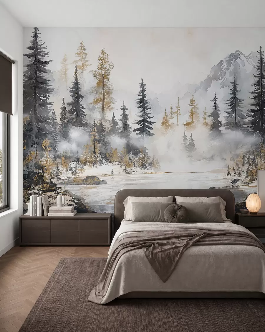Fototapete Winterlandschaft mit See und Wald, Berge, Pastell Stil darwing w02741
