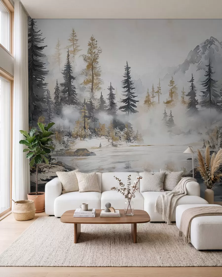 Fototapete Winterlandschaft mit See und Wald, Berge, Pastell Stil darwing w02741