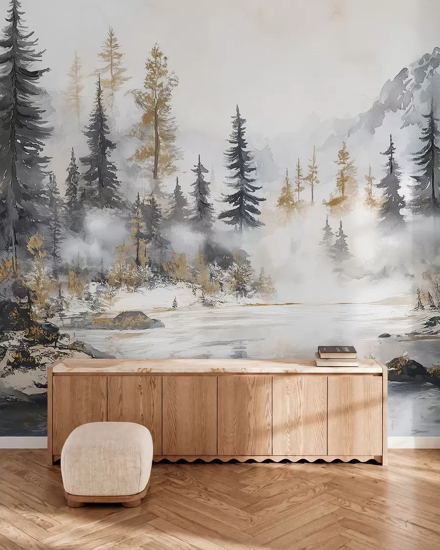 Fototapete Winterlandschaft mit See und Wald, Berge, Pastell Stil darwing w02741