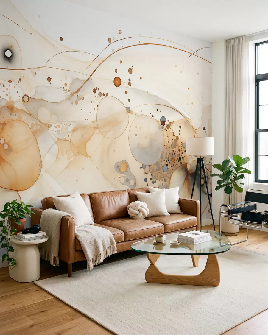 Fototapete Abstrakte Tuschezeichnungen, fließender Stil, beige Farbpalette  w02744