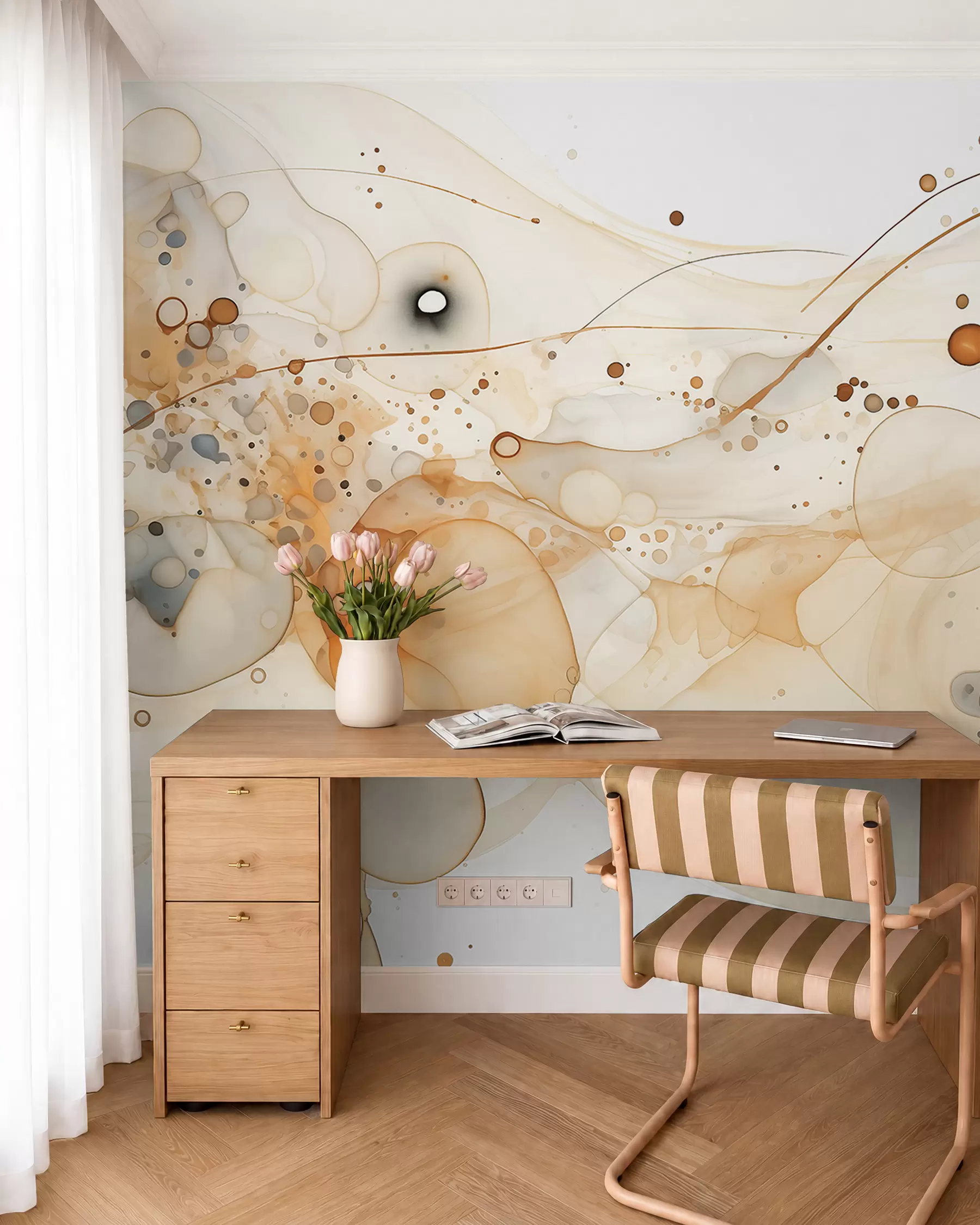 Fototapete Abstrakte Tuschezeichnungen, fließender Stil, beige Farbpalette  w02744
