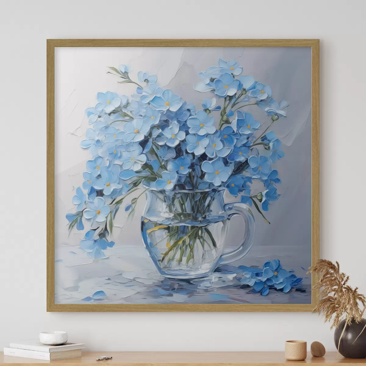 Poster Blaue Blumen in einer transparenten Vase Nachahmung der Malerei f42467
